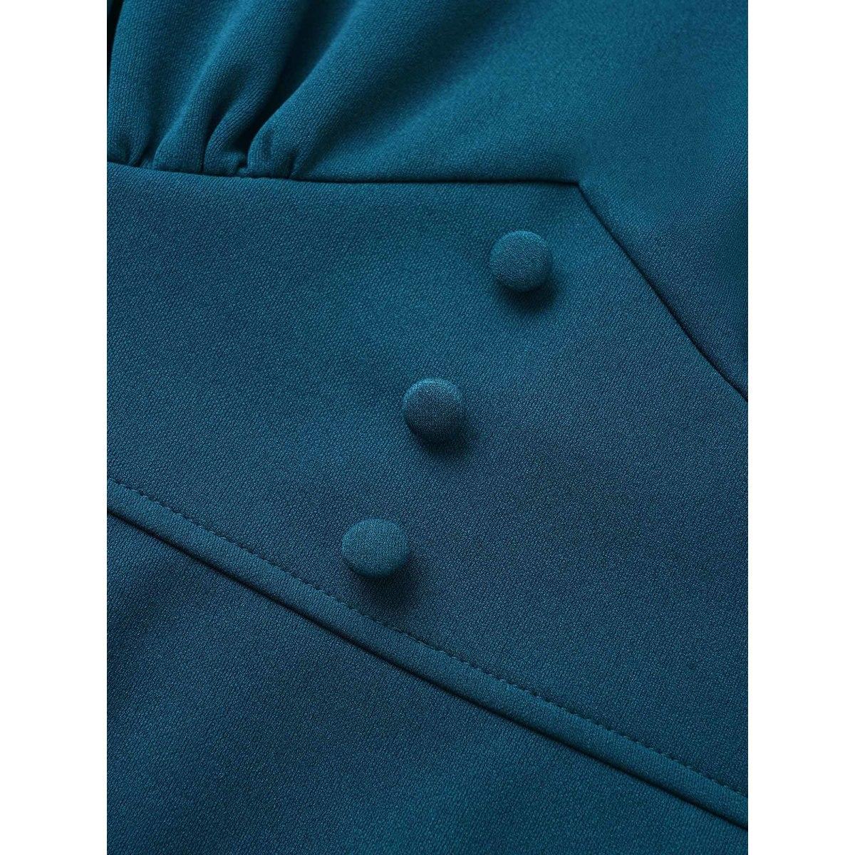 Plus Size Aegean Plain Plicated Detail Button Detail Blouse Women At the Office Elbow-length sleeve V-neck Work Blouses BloomChic 12/L Product Image