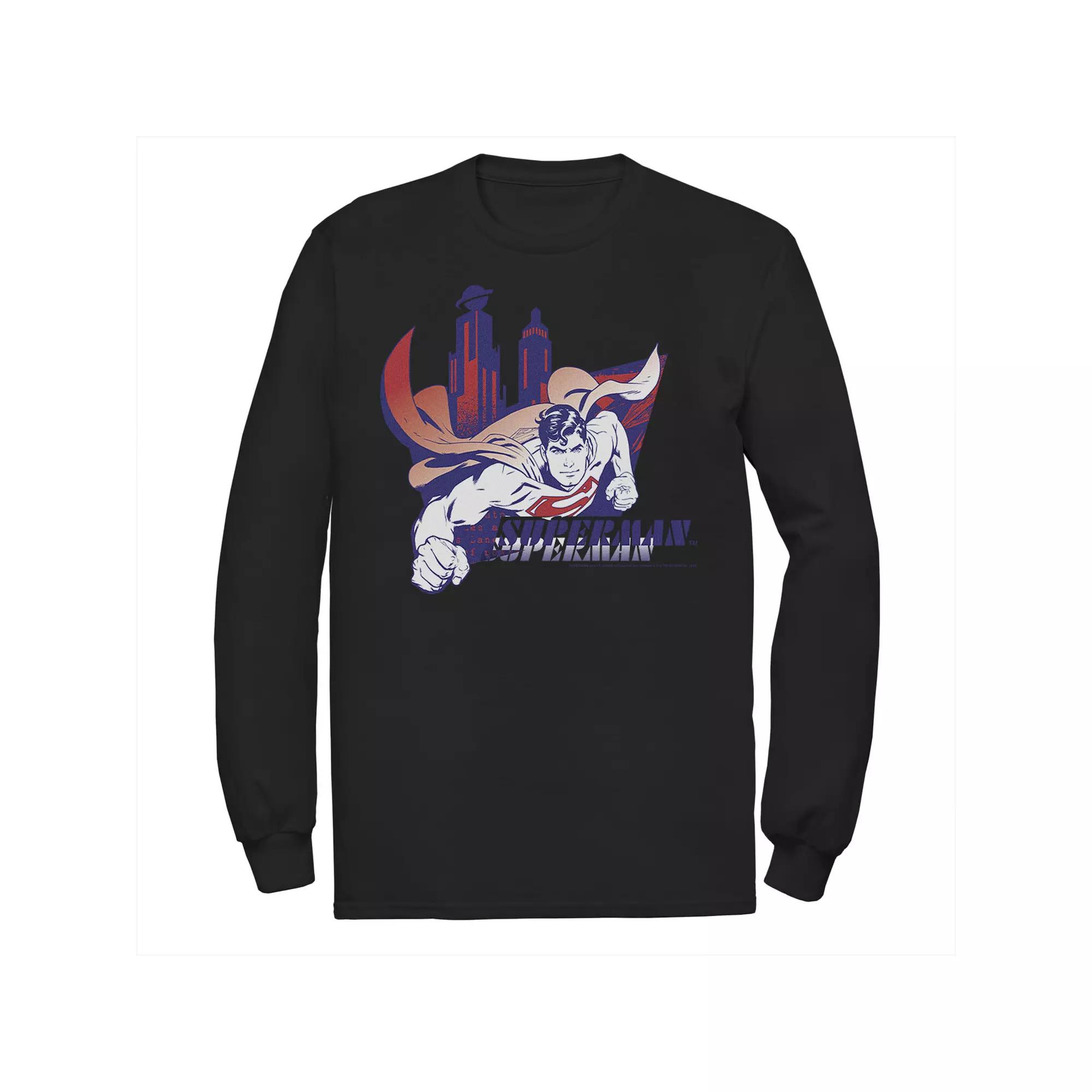 Men's DC Comics Superman Daily Planet Skyline Flying Poster Long Sleeve Graphic Tee,  Product Image