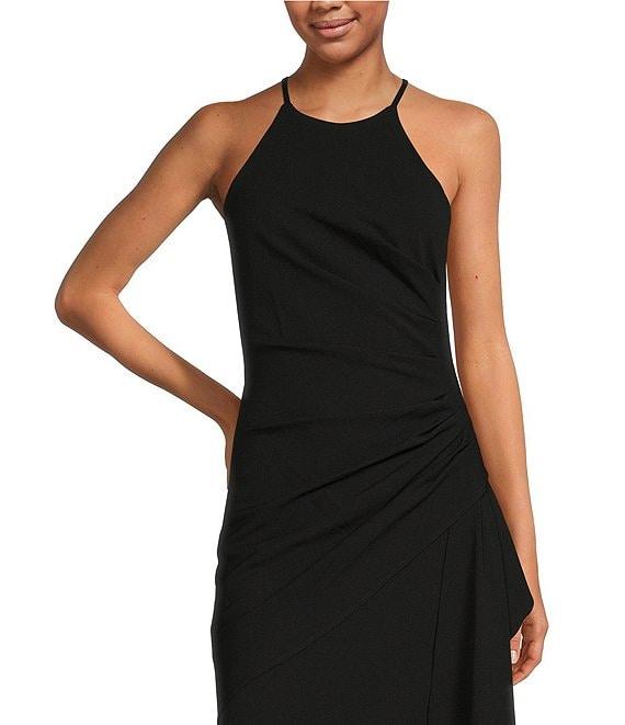 Belle by Badgley Mischka Cara Halter Neck Sleeveless Stretch Crepe Ruched Side Slit Sheath Gown Product Image