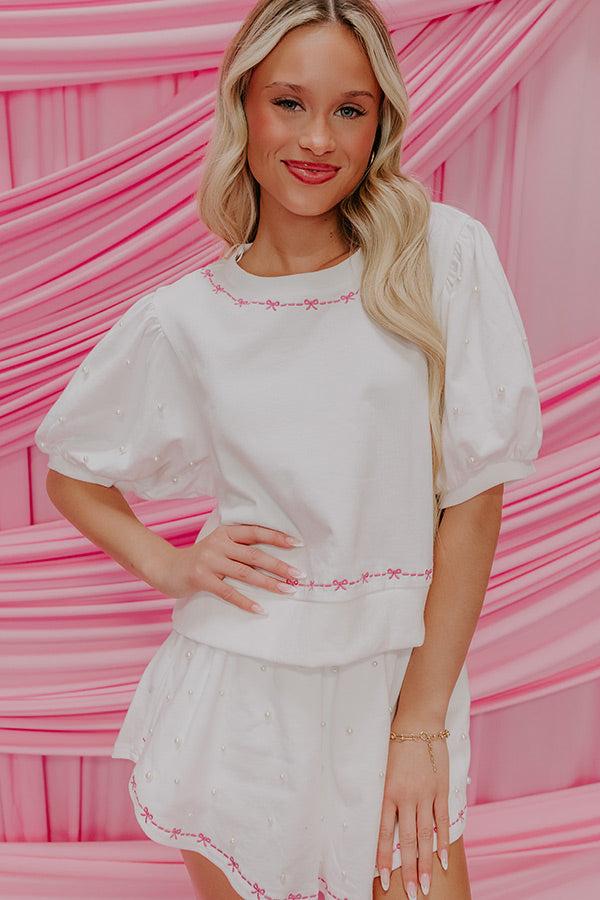 Bows And Kisses Pearl Embellished Top in White Product Image