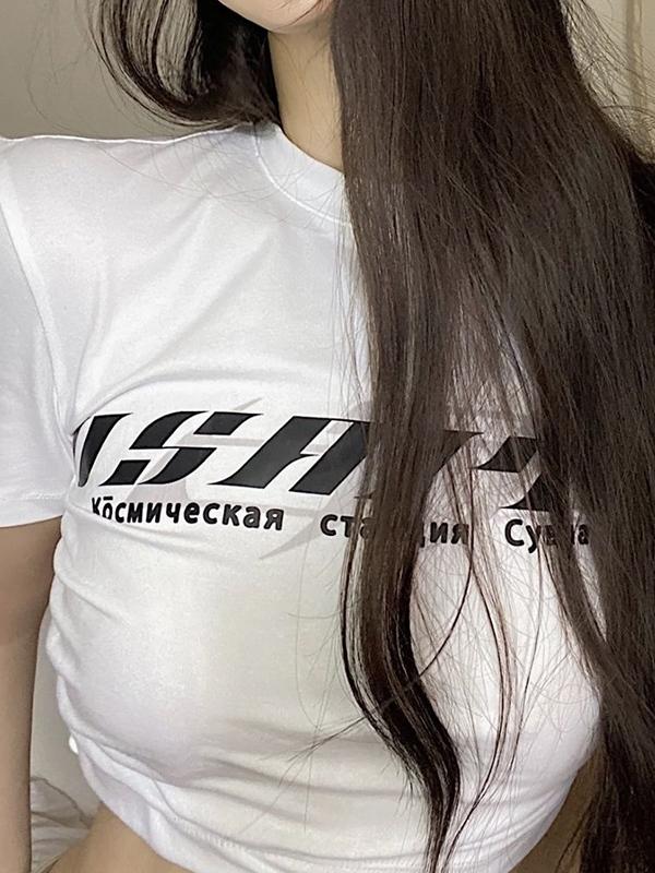 Letter Print Ruched Cropped Short Sleeve Tee Product Image