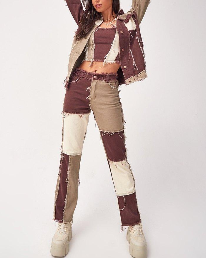 Frayed Patchwork Denim Jacket Product Image