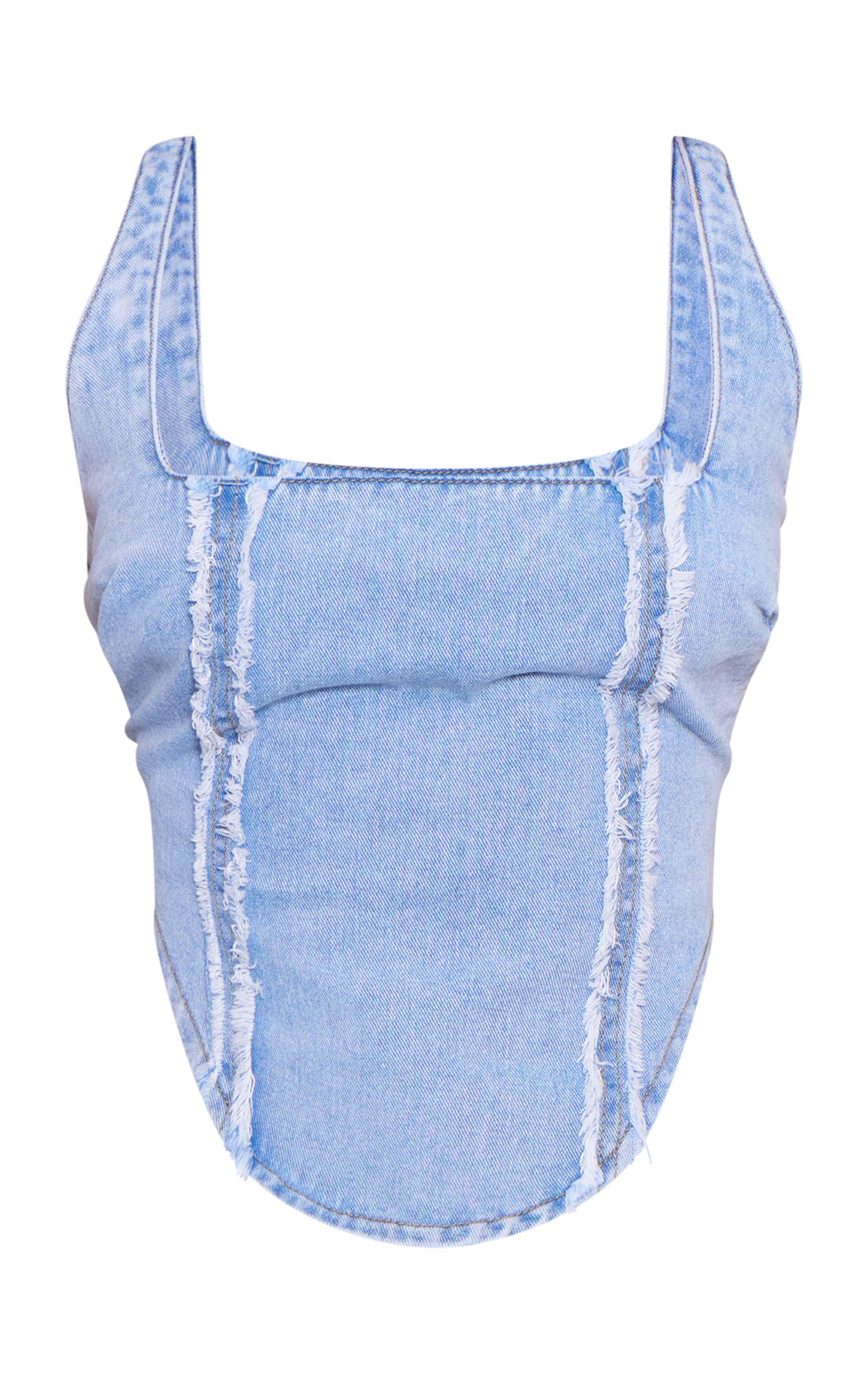 Petite Light Blue Embroidered Square Neck Corset Top Product Image