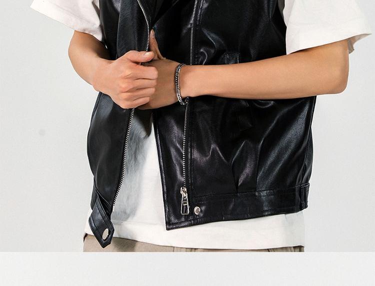 Plain Faux Leather Zip Biker Vest Product Image