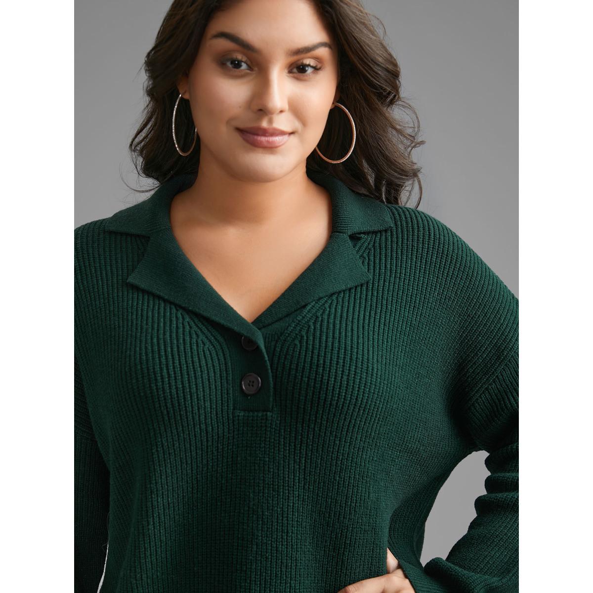 Plus Size Supersoft Essentials Textured Button Up Pullover DarkGreen Women Casual Loose Long Sleeve Suit Collar Everyday Pullovers BloomChic 26/4X Product Image