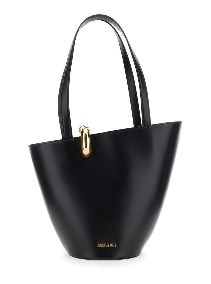 JACQUEMUS The Medium Bambola Asymmetric Leather Bucket Bag In Black 990 Product Image