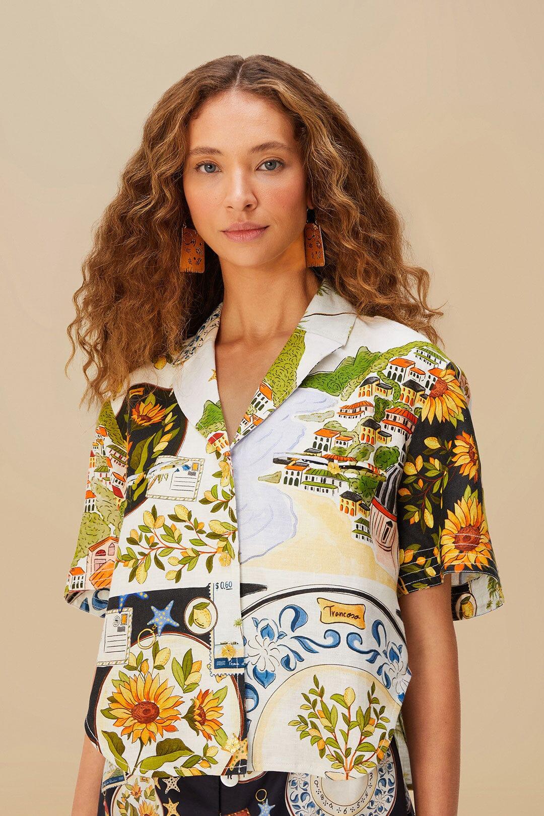 Multicolor Latin Trip Scarves Euroflax™ Premium Linen Crop Shirt Product Image