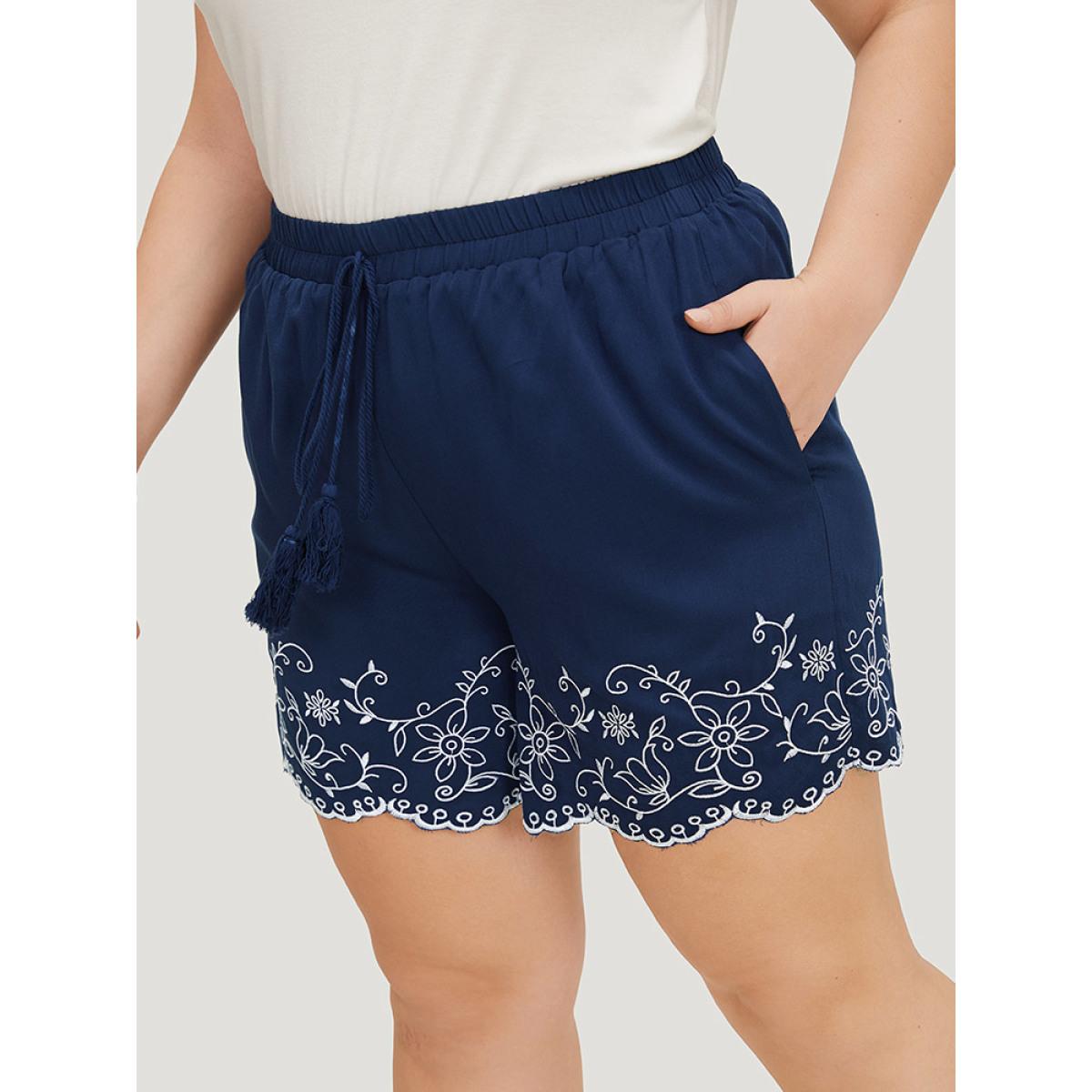 Plus Size Floral Embroidered Pocket Knotted Lettuce Trim Shorts Women Indigo Vacation Knotted Dailywear Shorts BloomChic 18-20/2X Product Image