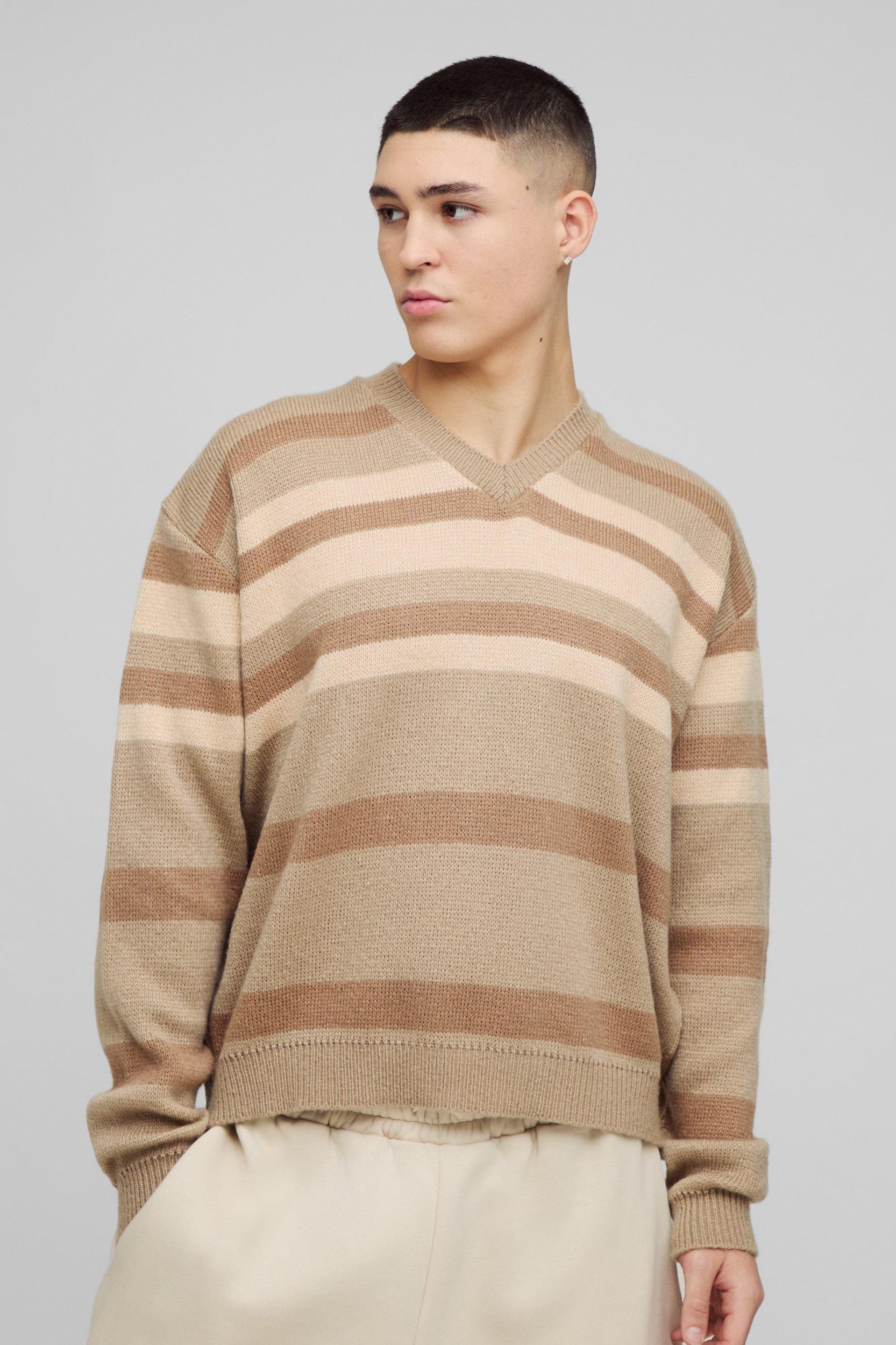 Oversized Boxy V Neck Brushed Stripe Knitted Sweater | boohooMAN USA Product Image