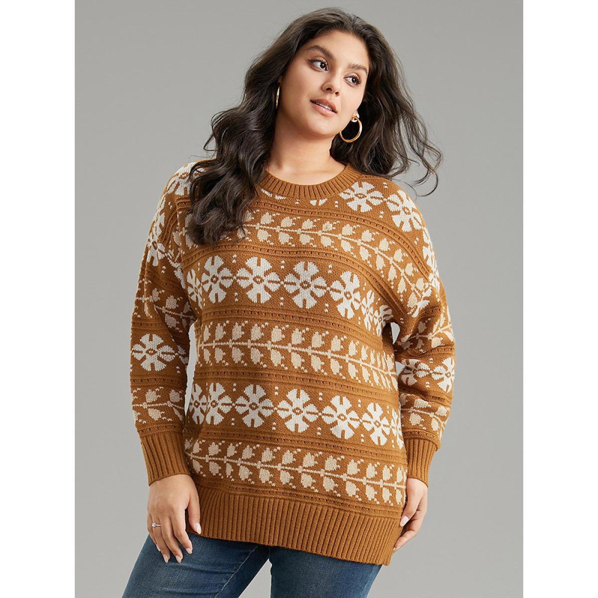 Plus Size Supersoft Essentials Anti-Pilling Geo Print Elastic Cuffs Pullover Chocolate Women Casual Loose Long Sleeve Round Neck Dailywear Pullovers BloomChic 10/M Product Image
