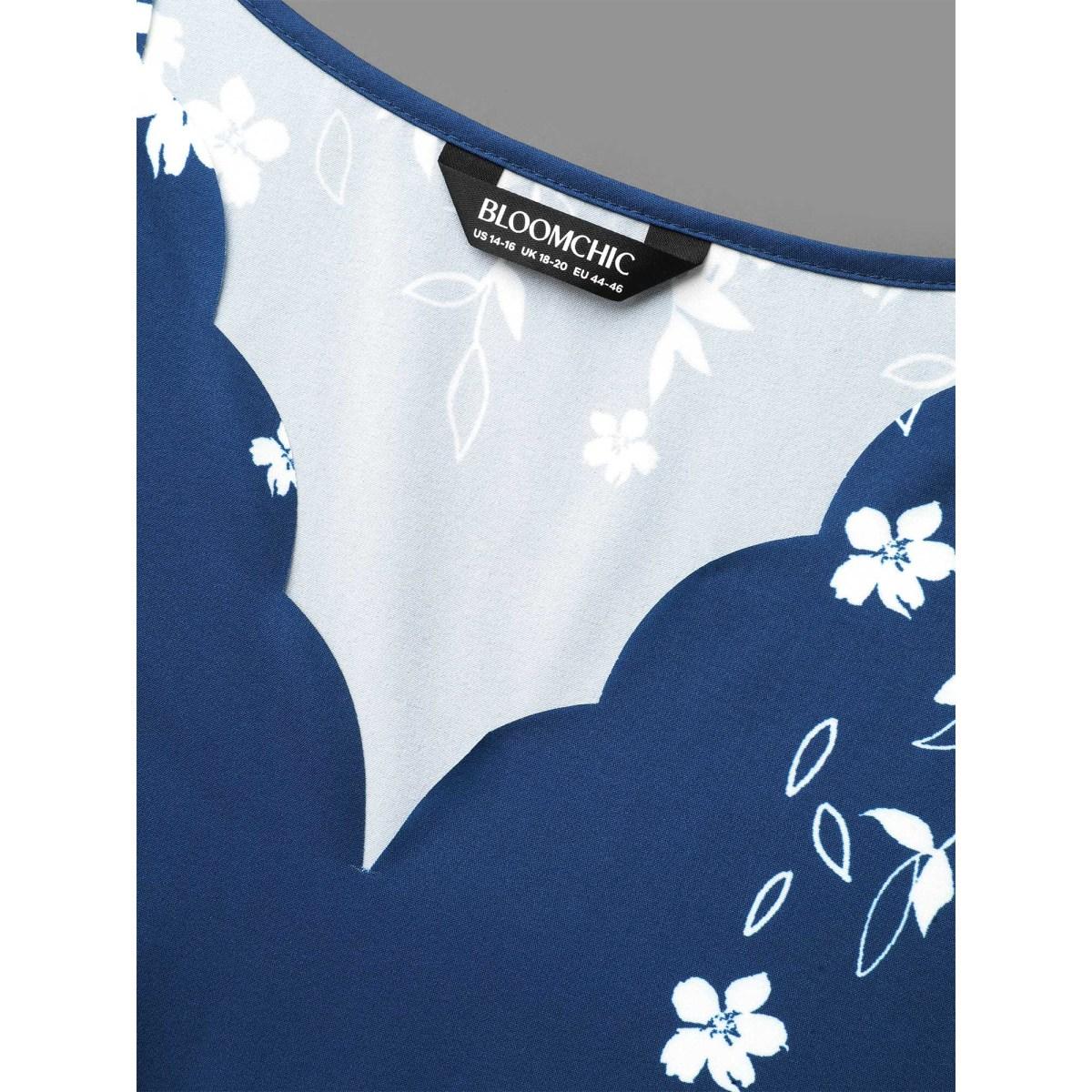 Plus Size Indigo Laser Cut Floral Boho Print Blouse Women Elegant Elbow-length sleeve V-neck Everyday Blouses BloomChic 28/5X Product Image