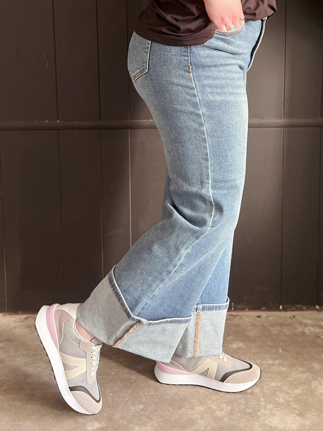 Dual Wear Wide Leg Cuffed Denim Jeans Product Image