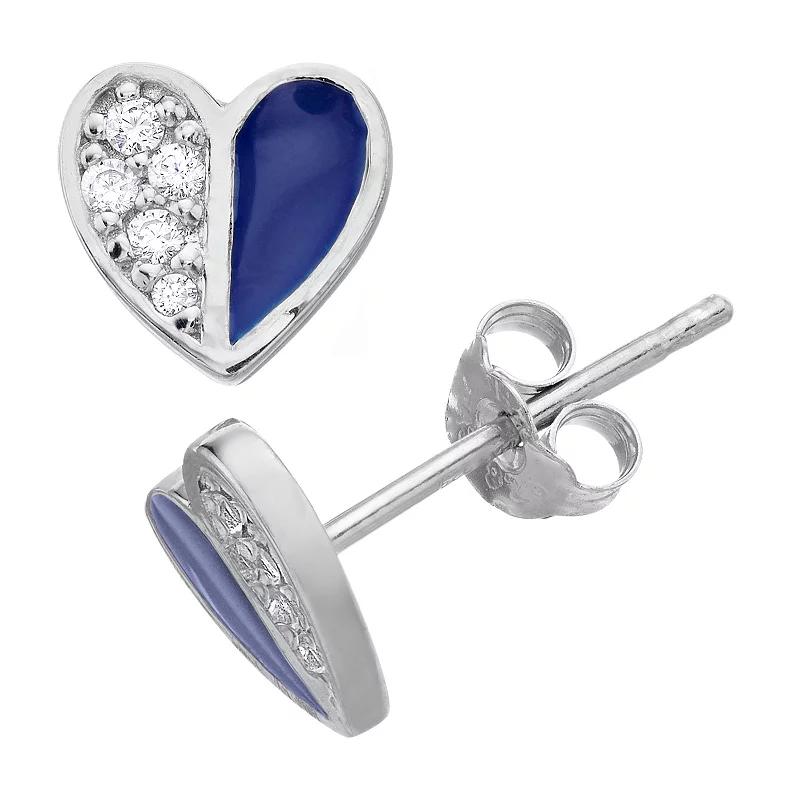 Aleure Precioso Sterling Silver Cubic Zirconia & Enamel Heart Stud Earrings, Women's, Sterling Blue Product Image