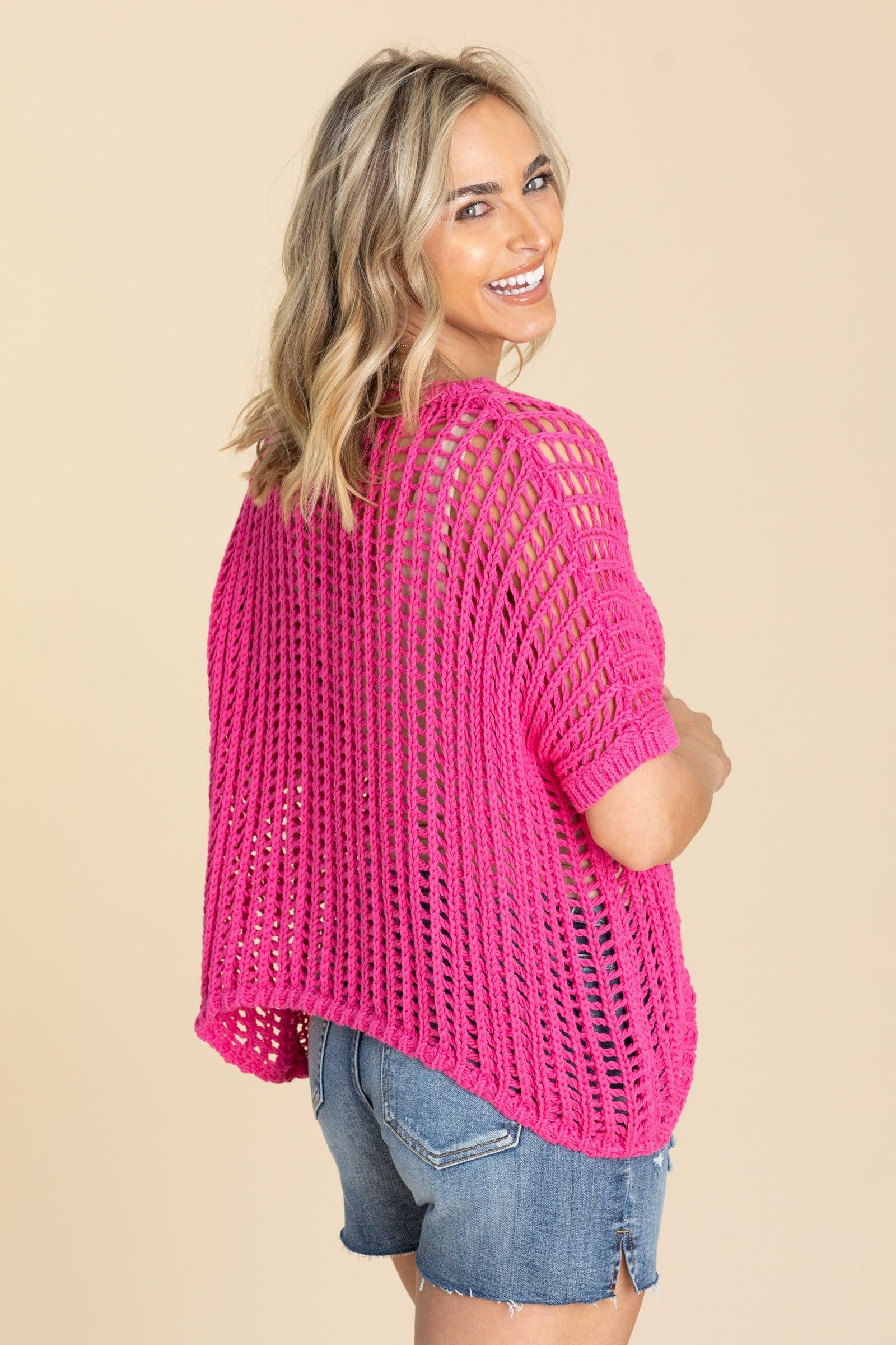 Hot Pink Short Sleeve Net Crochet Top Product Image