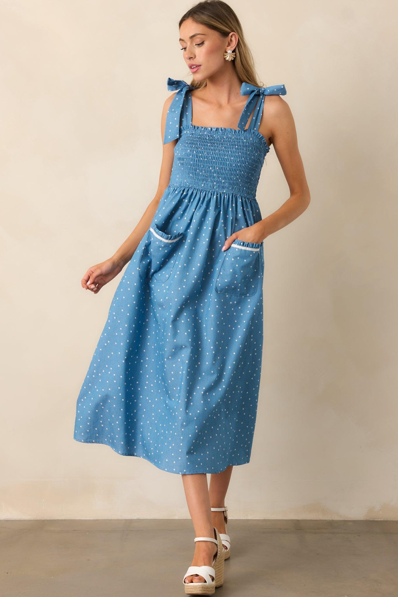 Picnic in The Park Blue Polka Dot Midi Dress Product Image
