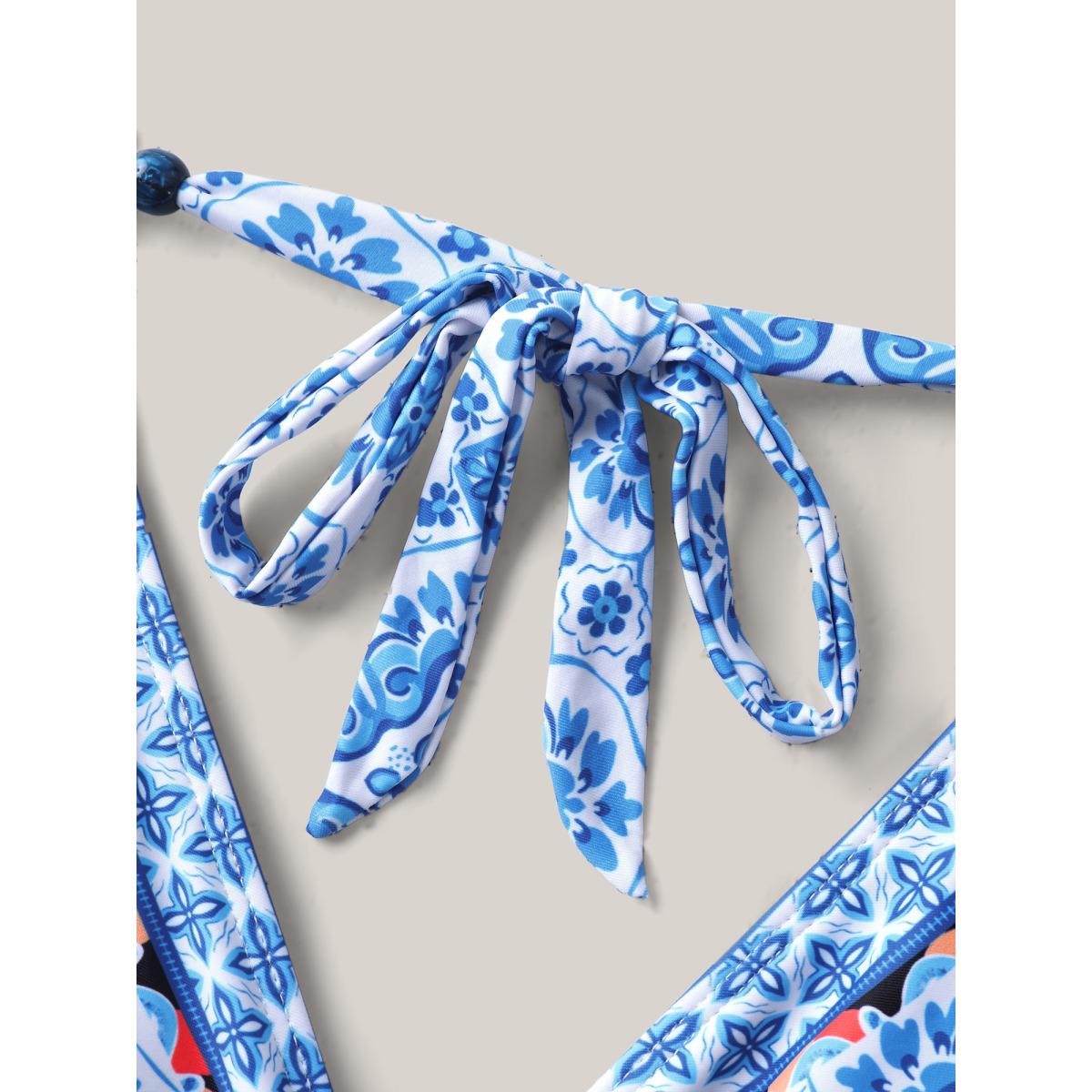 Plus Size Anti-Float Ties Boho Beaded Swim Dress Women's Swimwear Indigo Beach Bodycon Overlap Collar High stretch Curve Swim Dresses BloomChic 18-20/2X Product Image