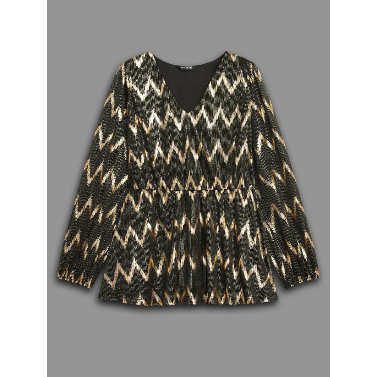 Plus Size Black Gold Shimmer Elastic Waist V-neck Blouse Women Cocktail Long Sleeve V-neck Party Blouses BloomChic 12/L Product Image