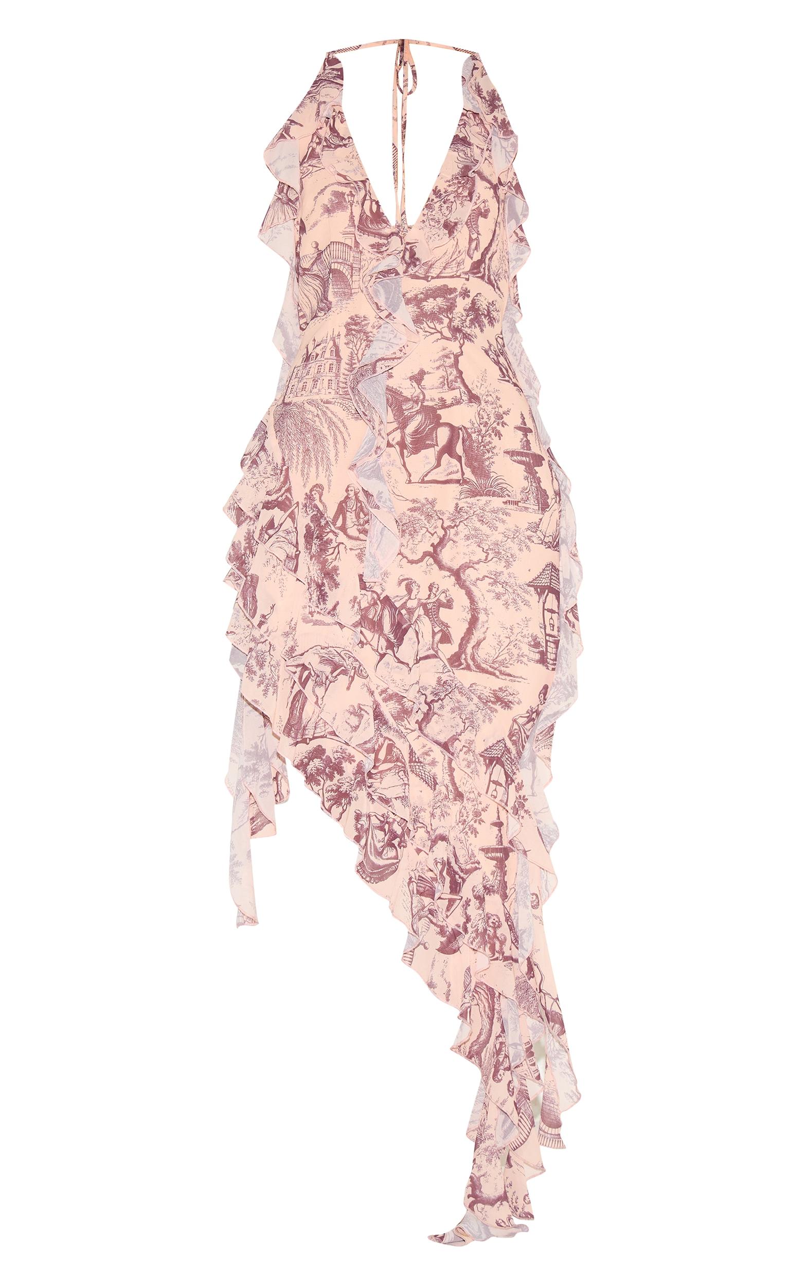 Stone Chiffon Print Frill Detail Plunge Midaxi Dress Product Image