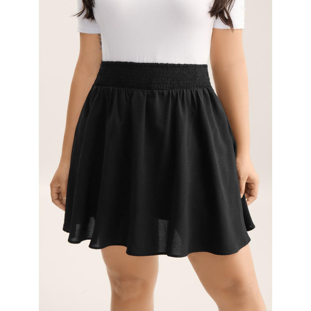 Plus Size Shirred Waist Pockets Flowy Mini Skirt Women Black Leisure No stretch Side seam pocket Casual Skirts BloomChic 12/L Product Image