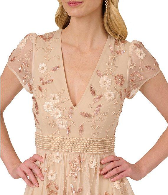 Adrianna Papell V-Neck Short Sleeve Beaded Mesh Tiered A-Line Dress Product Image