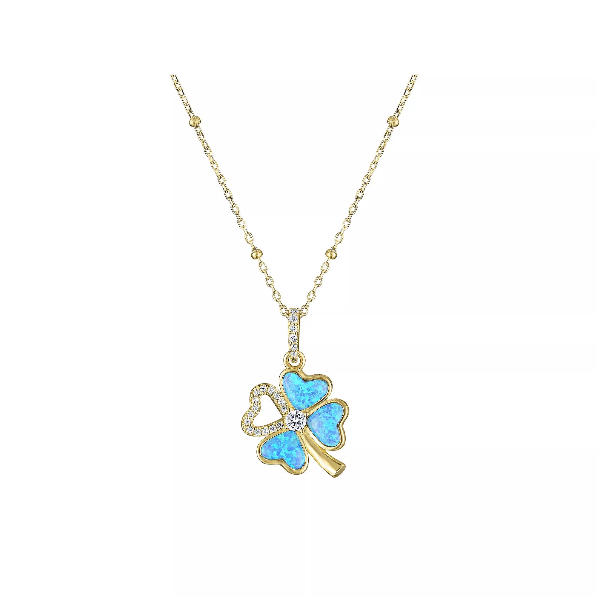 Designs by Gioelli 14k Gold over Sterling Silver Lab-Created Blue Opal Clover Pendant Necklace, Women's, Size: 18", Gold Tone Product Image