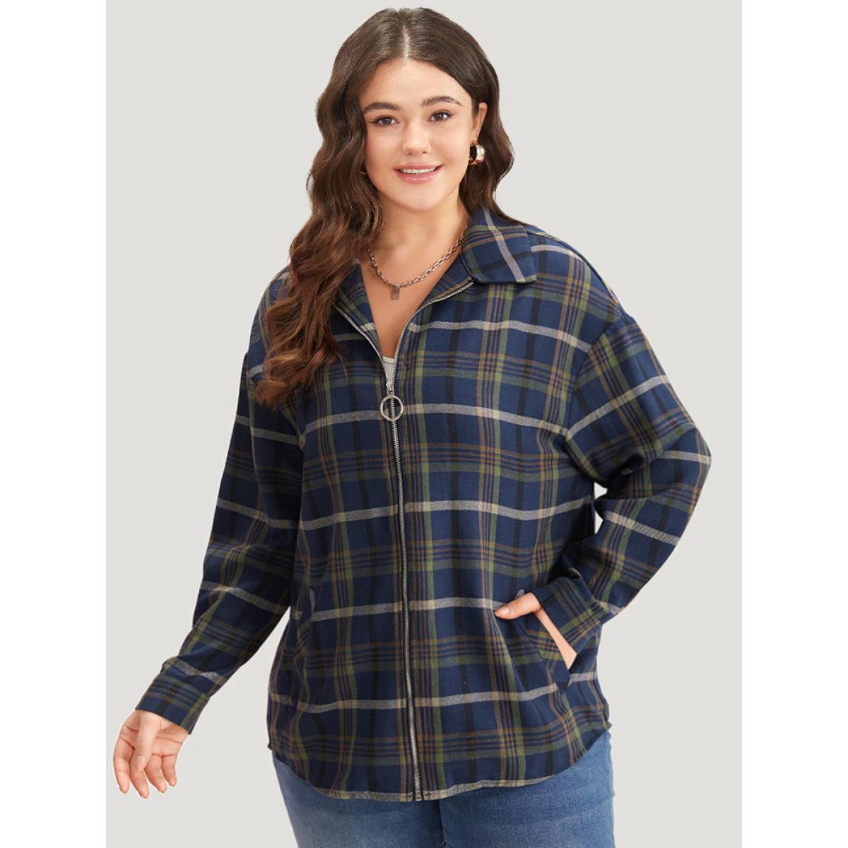 Plus Size Plaid Lapel Collar Pocket Zipper Fly Coat Women Indigo Zipper Pocket Dailywear Jackets BloomChic 18-20/2X Product Image