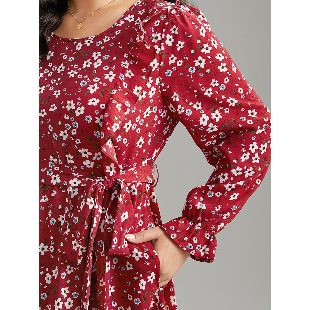 Plus Size Ditsy Floral Belted Ruffle Sleeve Dress Scarlet Women Elegant Belted Round Neck Long Sleeve Curvy Midi Dress BloomChic 28/5X Product Image