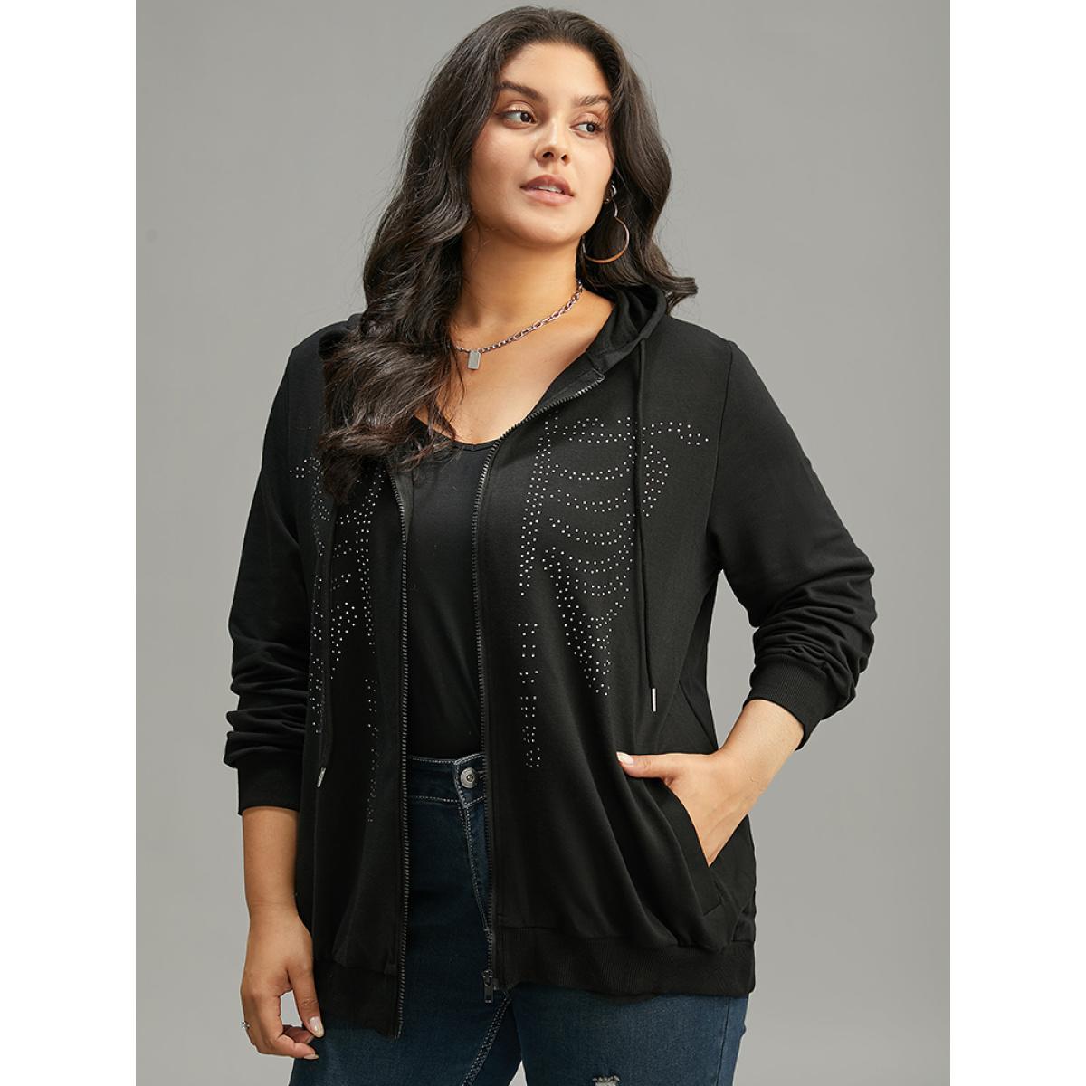 Plus Size Halloween Print Rhinestone Drawstring Hooded Zipper Sweatshirt Women Black Casual Rhinestone detailing Hooded Festival-Halloween Sweatshirts BloomChic 12/L Product Image