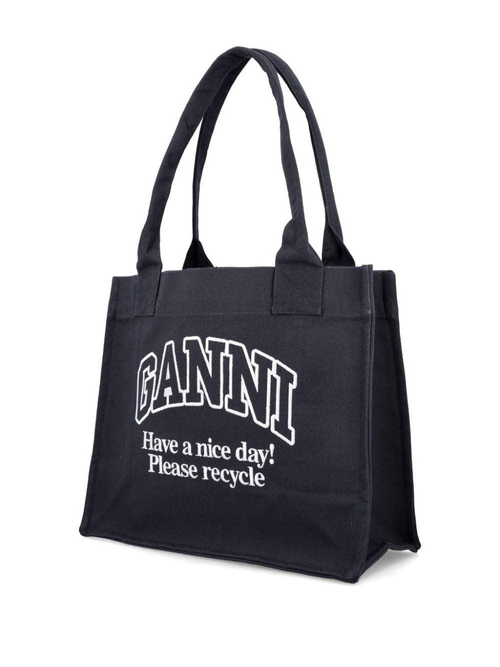 GANNI Black Shopper With Embroidered Logo On The Front In Denim Woman In Multicolor Product Image