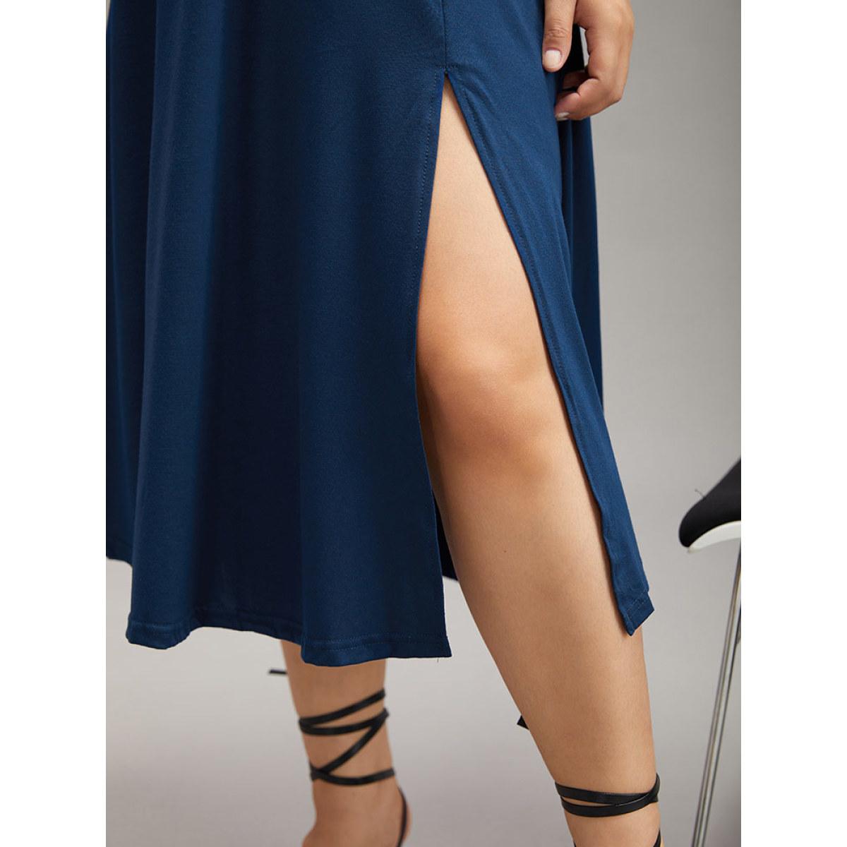 Plus Size Supersoft Essentials Ruched Split Side Dress DarkBlue Women Elegant Plain V-neck Long Sleeve Curvy Midi Dress BloomChic 22-24/3X Product Image