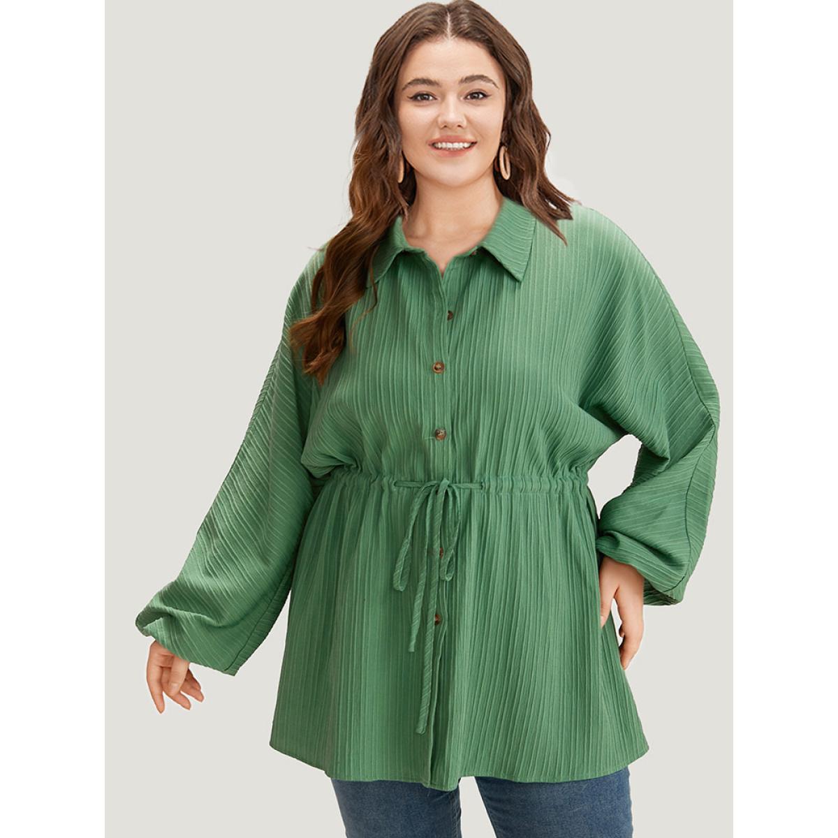 Plus Size Plain Shirt Collar Drawstring Button Through Lantern Sleeve Coat Women Emerald Casual Elastic cuffs Ladies Dailywear Winter Coats BloomChic 28/5X Product Image