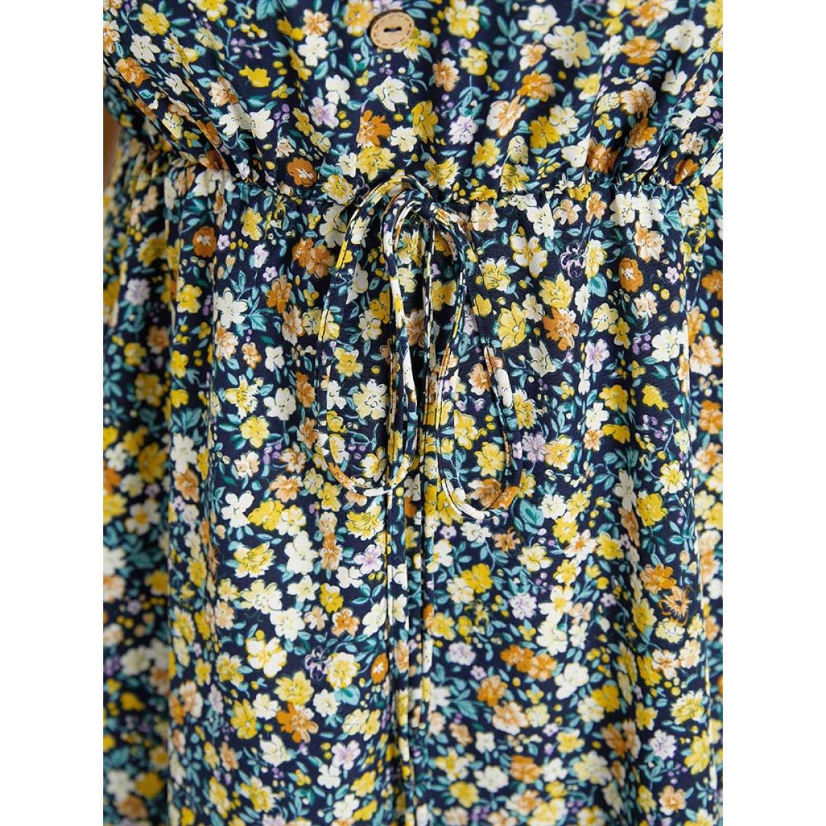 Plus Size Ditsy Floral V Neck Pocket Gathered Sleeveless Dress Indigo Women Elegant Cross straps V-neck Sleeveless Curvy Midi Dress BloomChic 14-16/1X Product Image