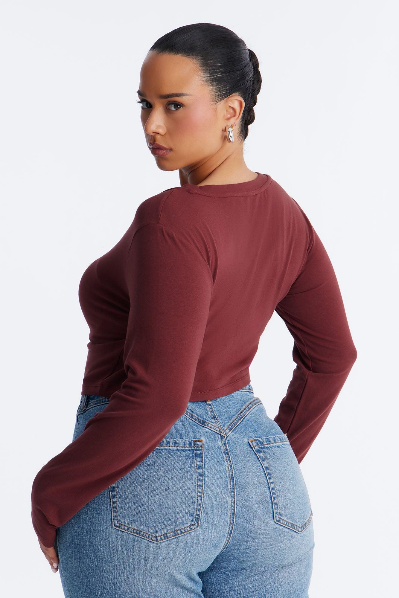 Carly V Neck Crop Long Sleeve Tee - Wine Female Product Image
