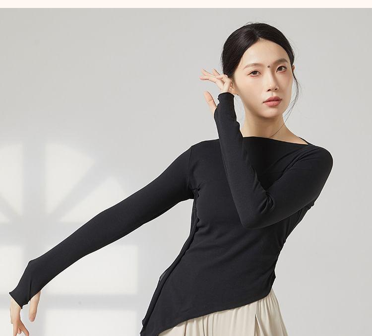 Long-Sleeve Boat Neck Plain Thumbhole Asymmetrical Dance Top / Elbow-Sleeve Dance Top Product Image