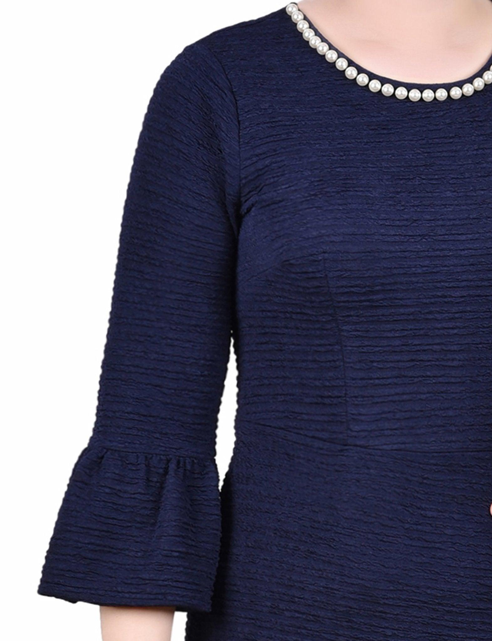 Navy 3/4 Length Pearl Detail Dress Product Image