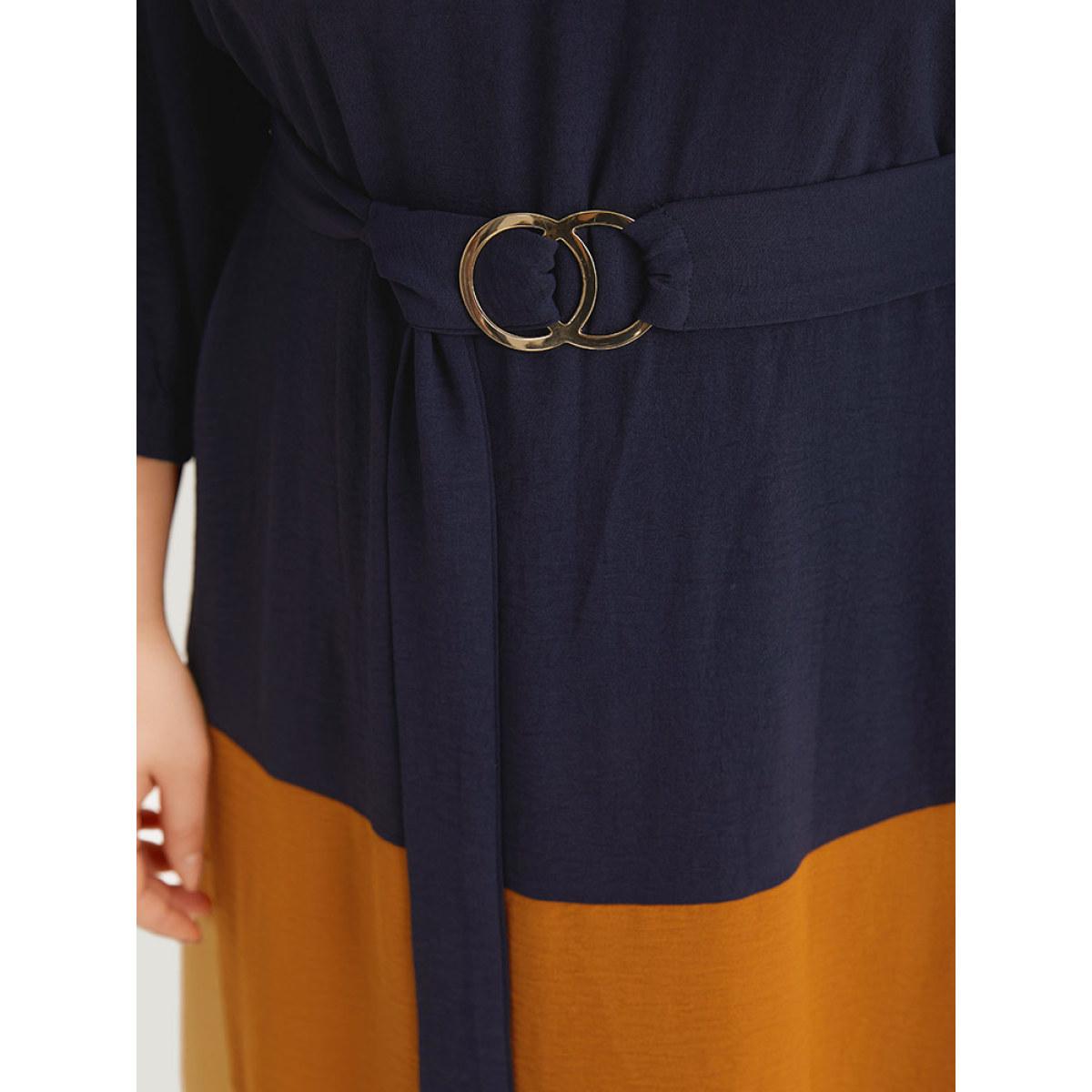 Plus Size Colorblock Contrast Metal Detail Lantern Sleeve Dress Midnight Women Casual Gathered Round Neck Elbow-length sleeve Curvy Midi Dress BloomChic 12/L Product Image