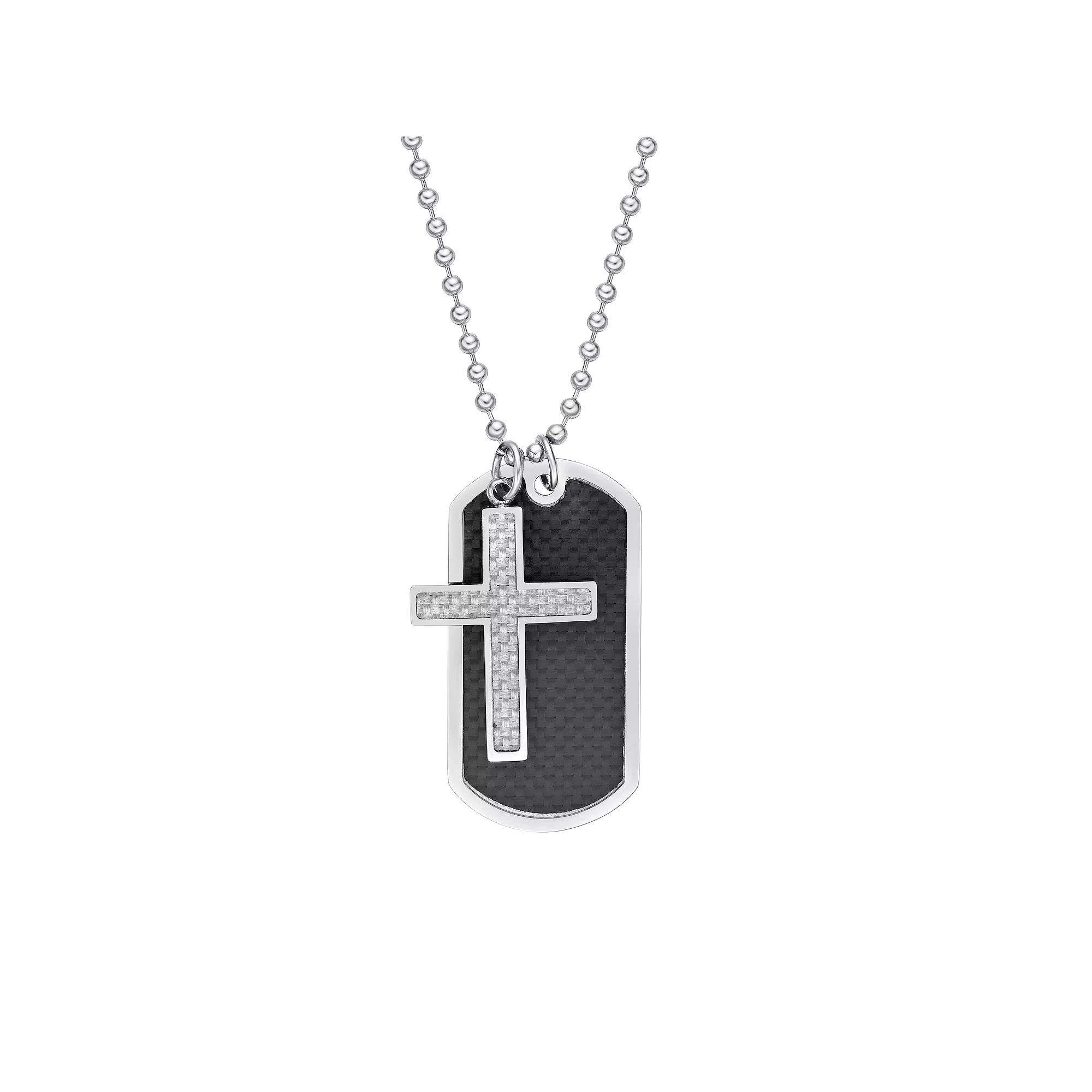 Men's LYNX Stainless Steel Carbon Fiber Inlay Dog Tag & Cross Pendant Necklace, Size: 22" Product Image