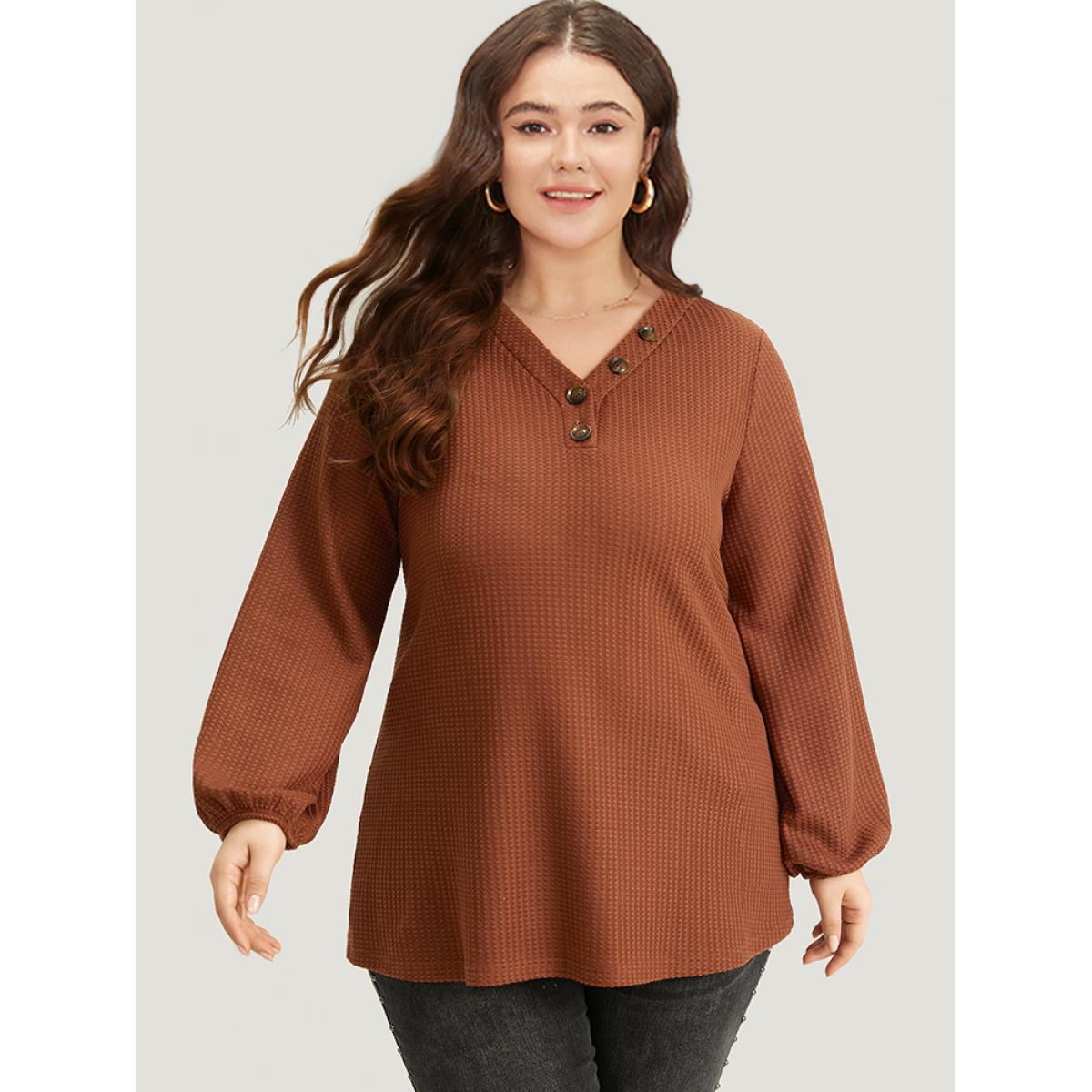 Plus Size Halloween Solid Waffle Knit Button Up Lantern Sleeve T-shirt Chocolate Women Casual Elastic cuffs Plain V-neck Festival-Halloween T-shirts BloomChic 28/5X Product Image