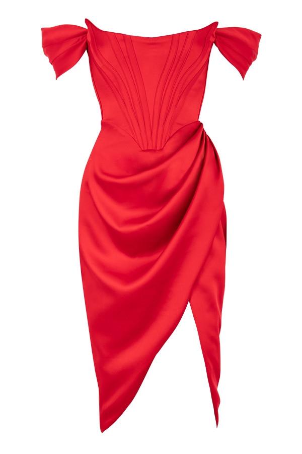 Loretta  red satin off shoulder dress Product Image