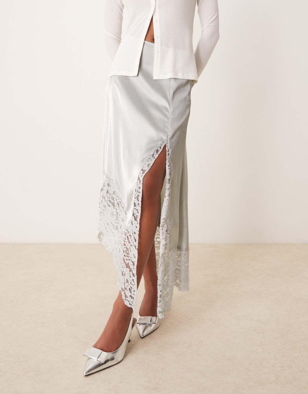 ASOS DESIGN satin & lace hanky hem midi skirt in silver Product Image