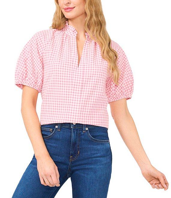 CeCe Gingham Split Round Neckline Short Puff Sleeve Blouse Product Image