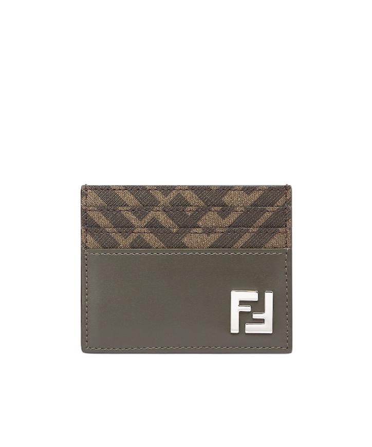 FENDI Brown Card-holder With Squared Ff Motif In Leather And Ff Canvas Man In Ebony Product Image