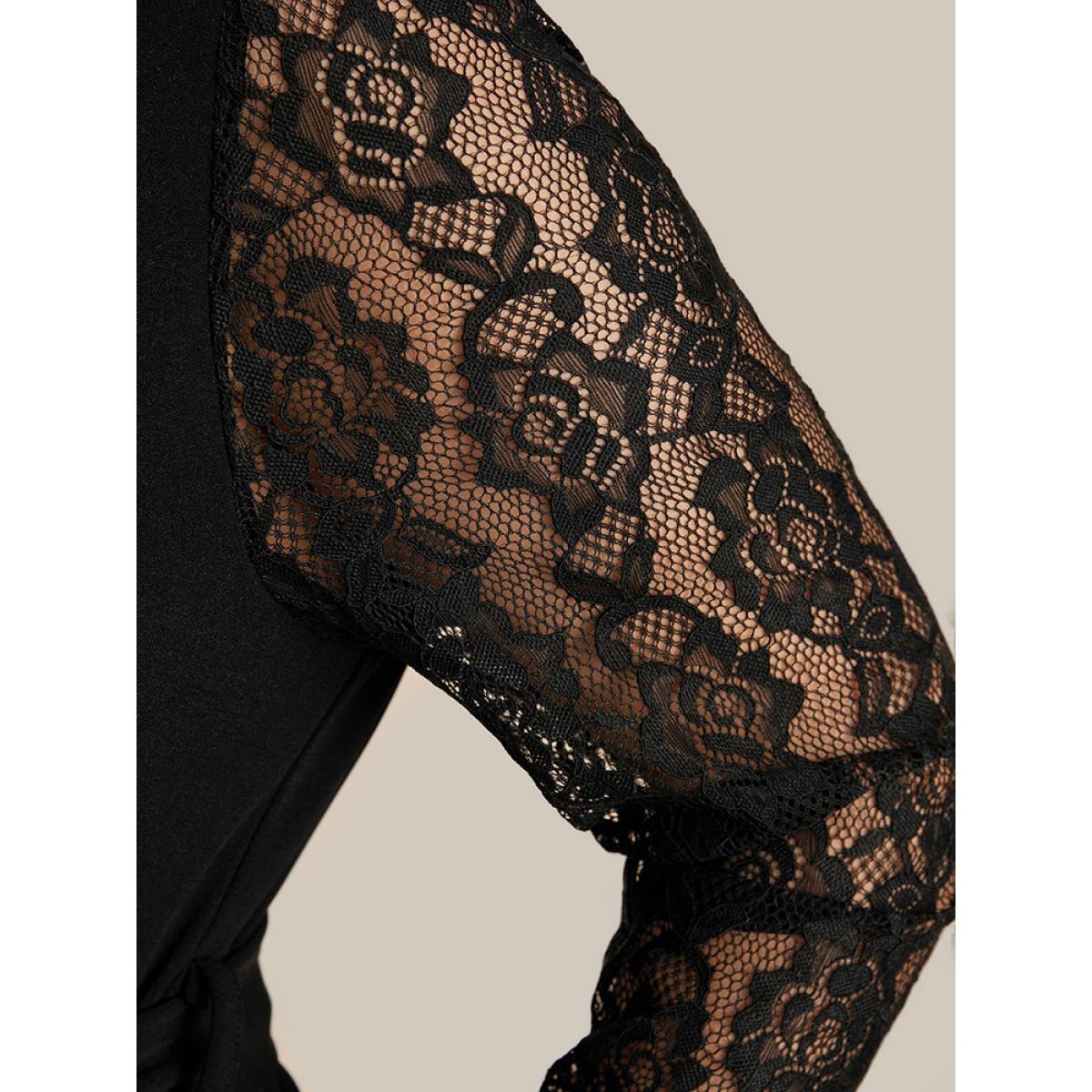 Plus Size Solid Pocket Lace Belted Flutter Dress Black Women Elegant Cut-Out V-neck Long Sleeve Curvy Midi Dress BloomChic 14-16/1X Product Image