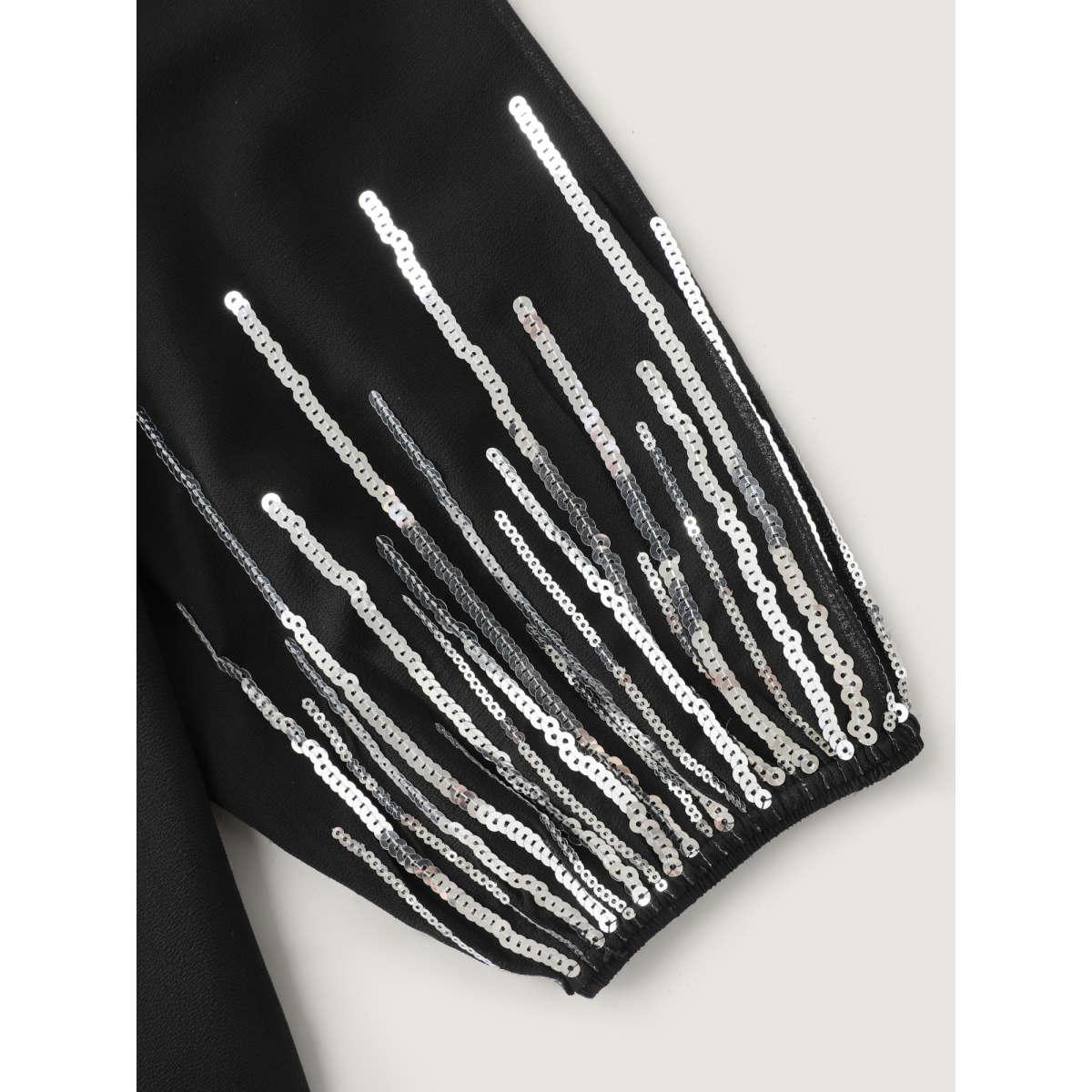 Plus Size Sequin Embroidery Pockets Belted Midi Dress Black Women Party&Cocktail Stand-up collar Long Sleeve Curvy BloomChic 12/L Product Image