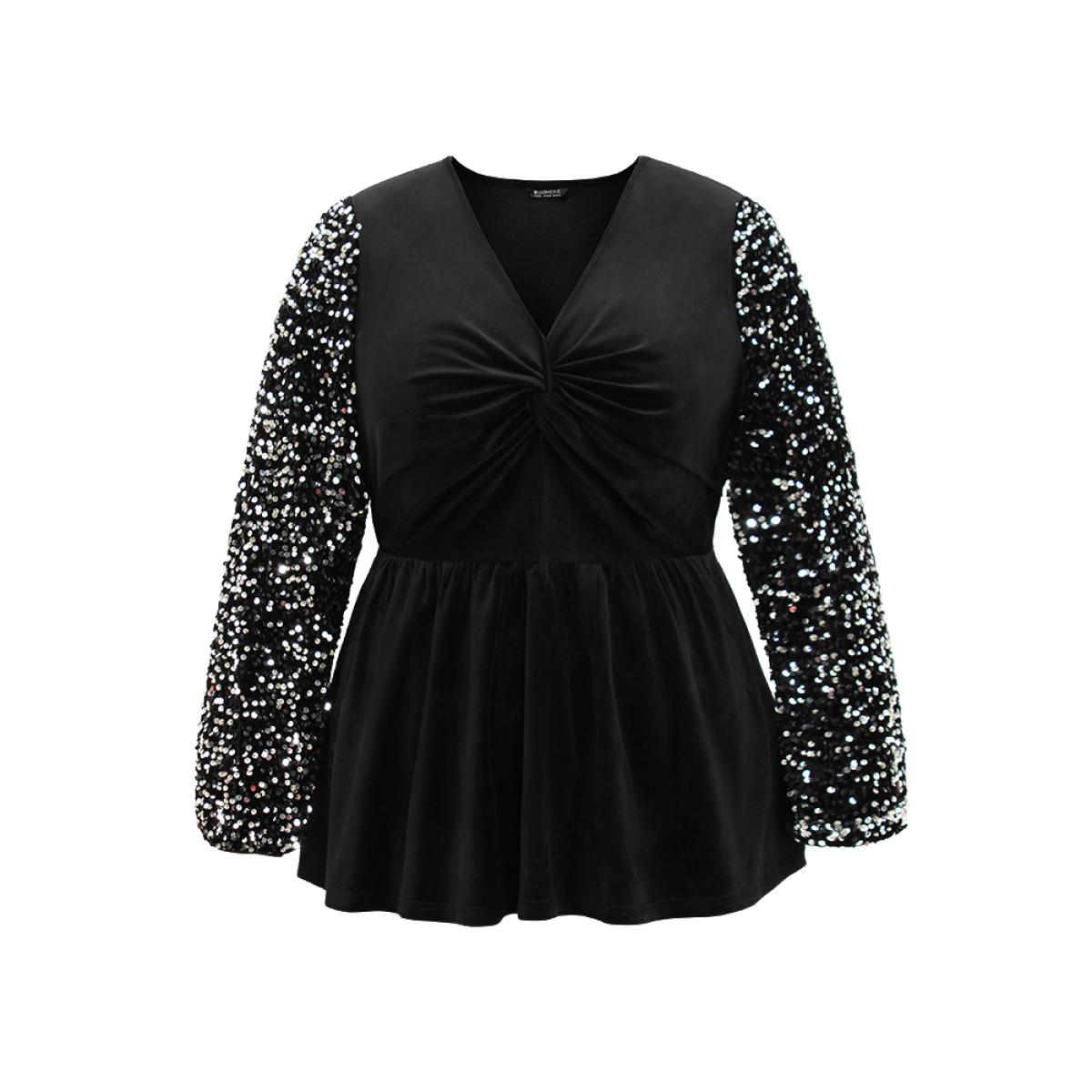 Plus Size Black Patchwork Velvet Twist Front Elastic Waist Sequin Blouse Women Glamour Long Sleeve V-neck Party Blouses BloomChic 10/M Product Image
