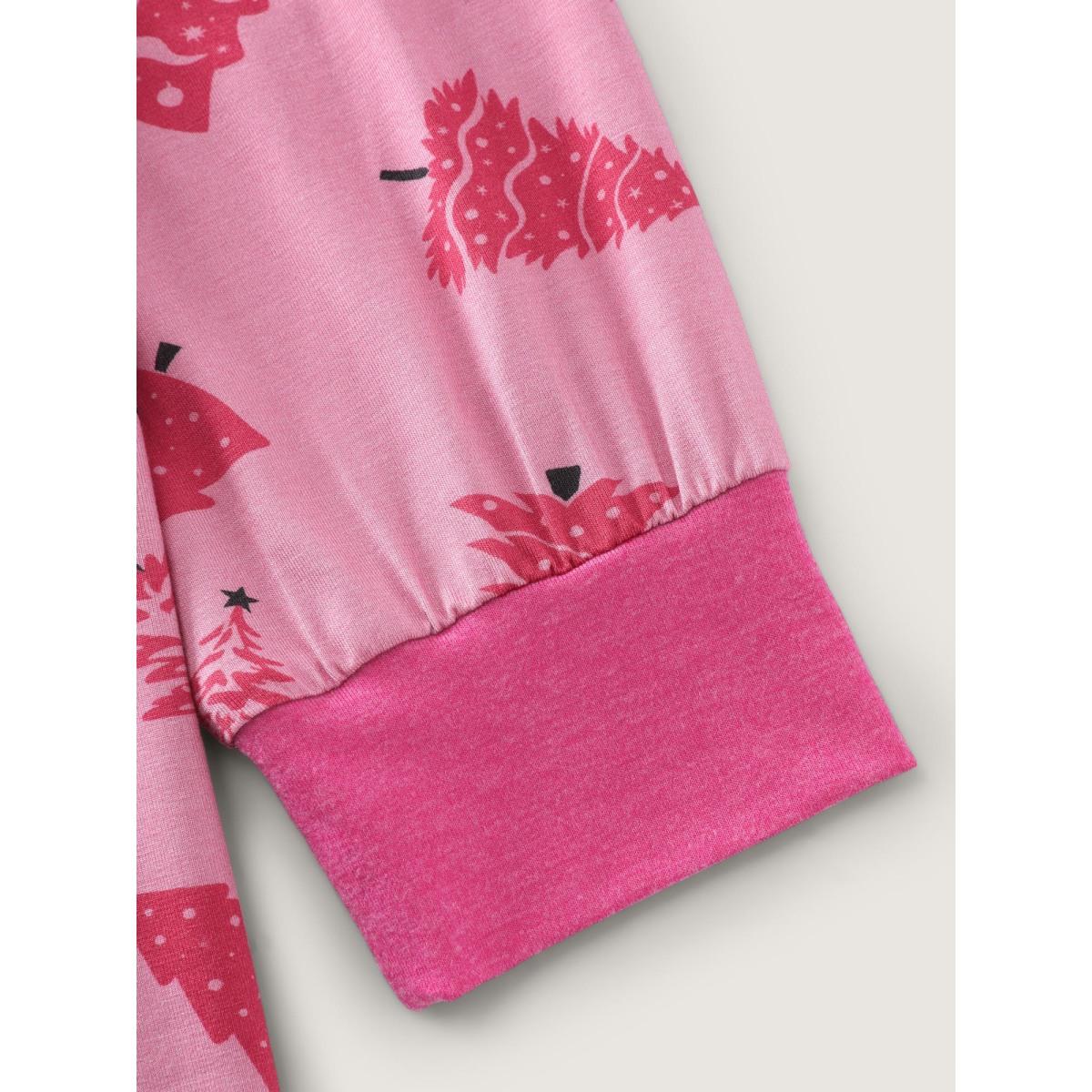 Plus Size Christmas Tree Buttons Loungewear Set Women Blush Christmas Contrast Extra Long Sleeve Flat collar with V-notch Loungewear Sets BloomChic 14-16/1X Product Image