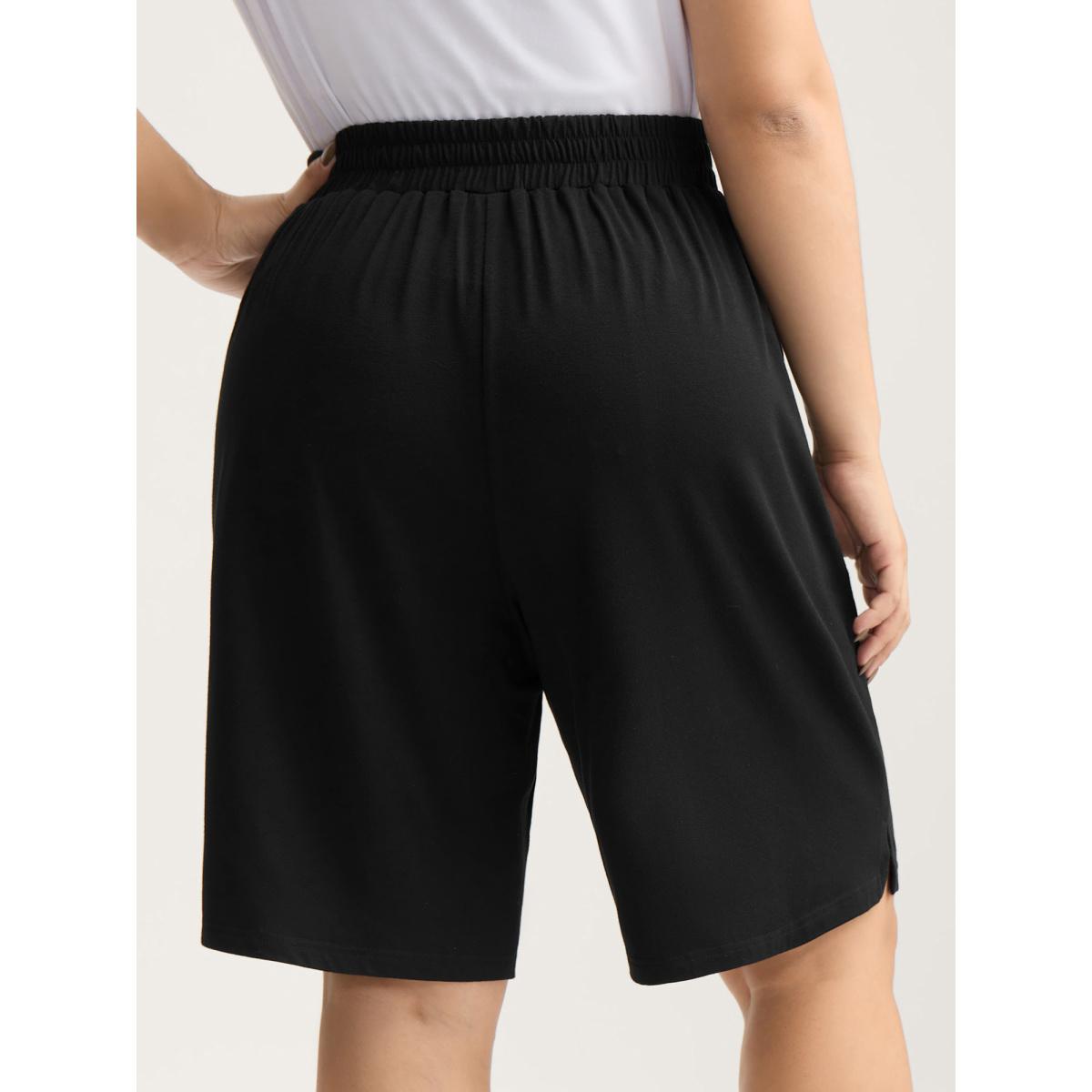 Plus Size Stretchy Slit Straight-Leg Shorts Women Black Leisure Slit Straight Leg Casual Shorts BloomChic 12/L Product Image