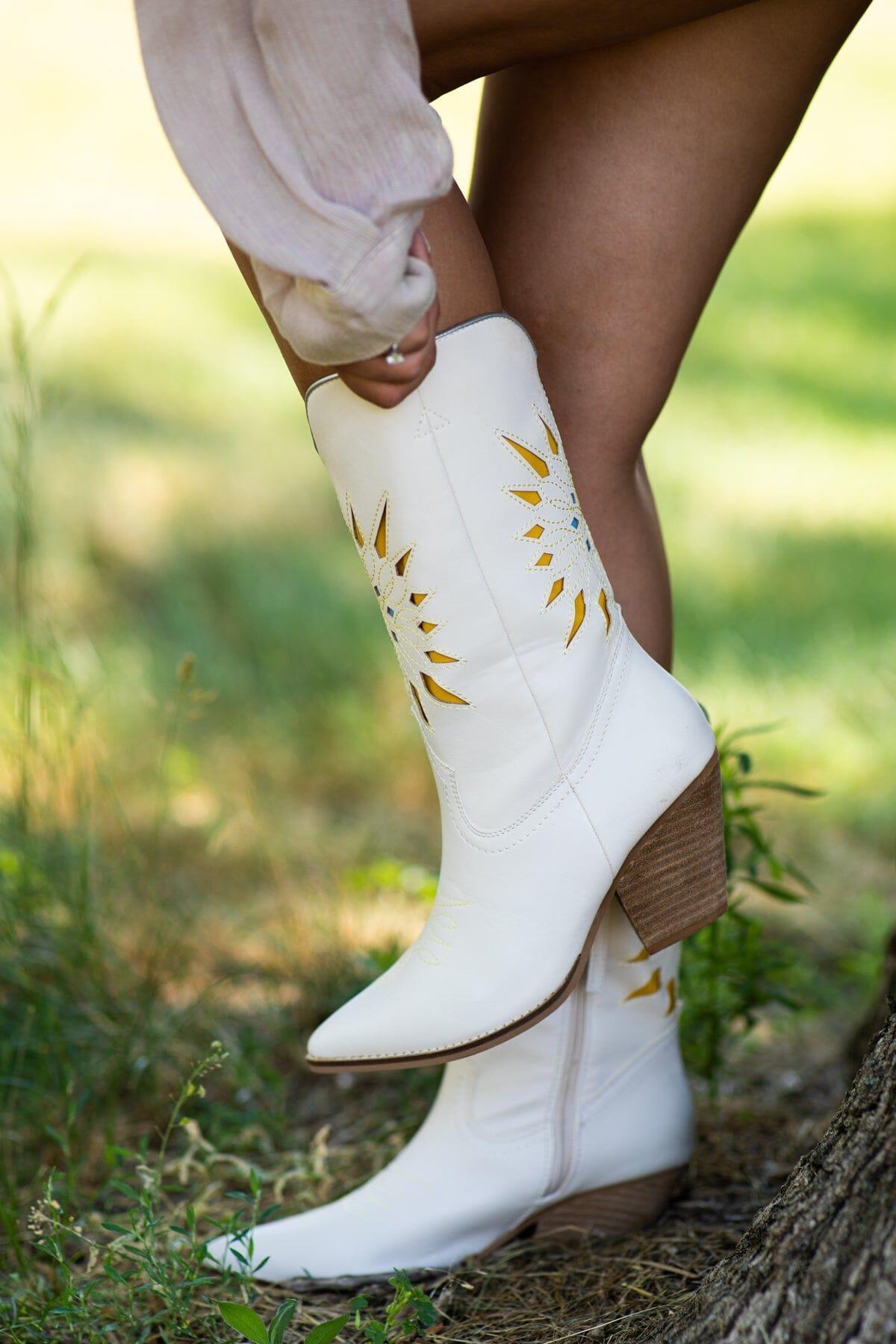 Cream Laser Cut Sunburst Detail Western Boots Product Image