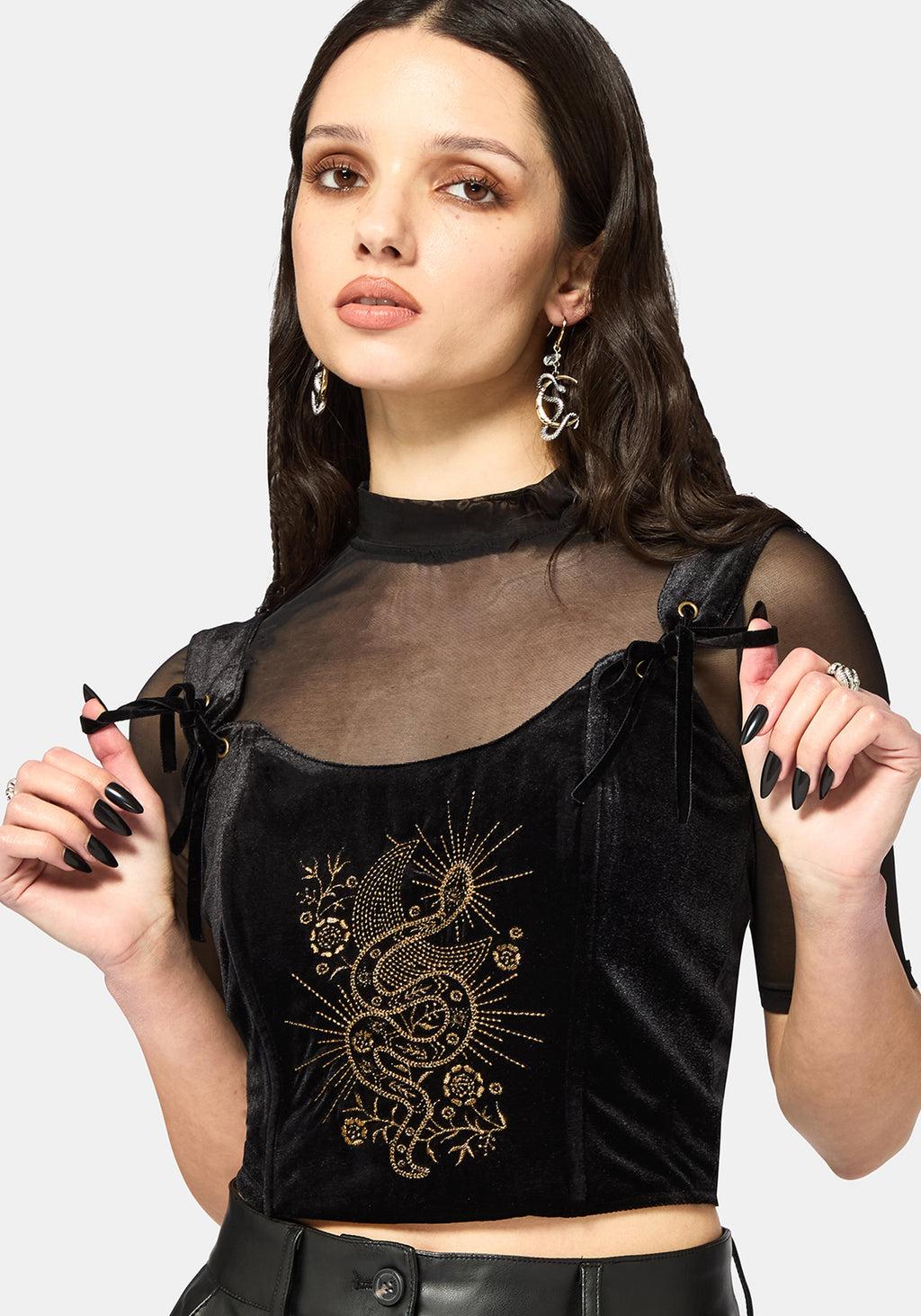 Kobra Velour Embroidered Tie Strap Corset Top Product Image
