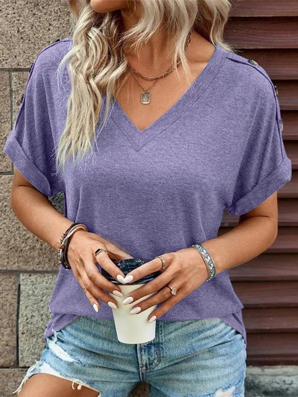 Loose Short Sleeves Buttoned Solid Color V-Neck T-Shirts Tops Product Image